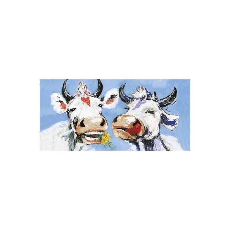 Schilderij Vrolijke koeien 40x78cm in zwart houten lijst