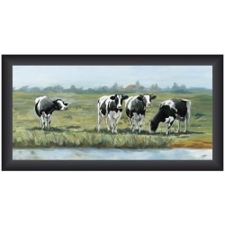 Tableau Vaches 4 d'affilée 40x80cm sous cadre en bois noir