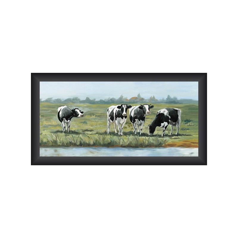 Schilderij Koeien 4 op rij 40x80cm in zwart houten lijst