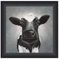 Tableau Vache regardant vers l'avant 40x40cm dans un cadre en bois noir