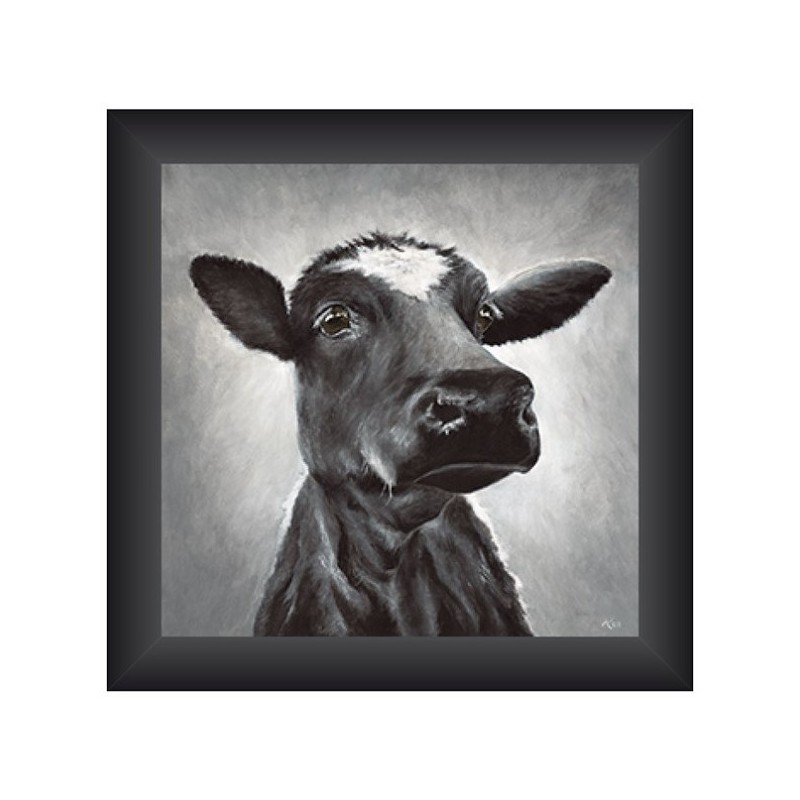 Tableau Vache regardant à gauche 40x40cm dans un cadre en bois noir