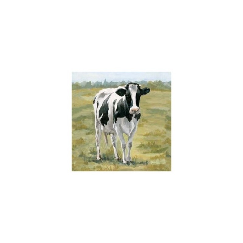 Tableau Vache Fourrure Noire 40x40cm dans cadre en bois blanc