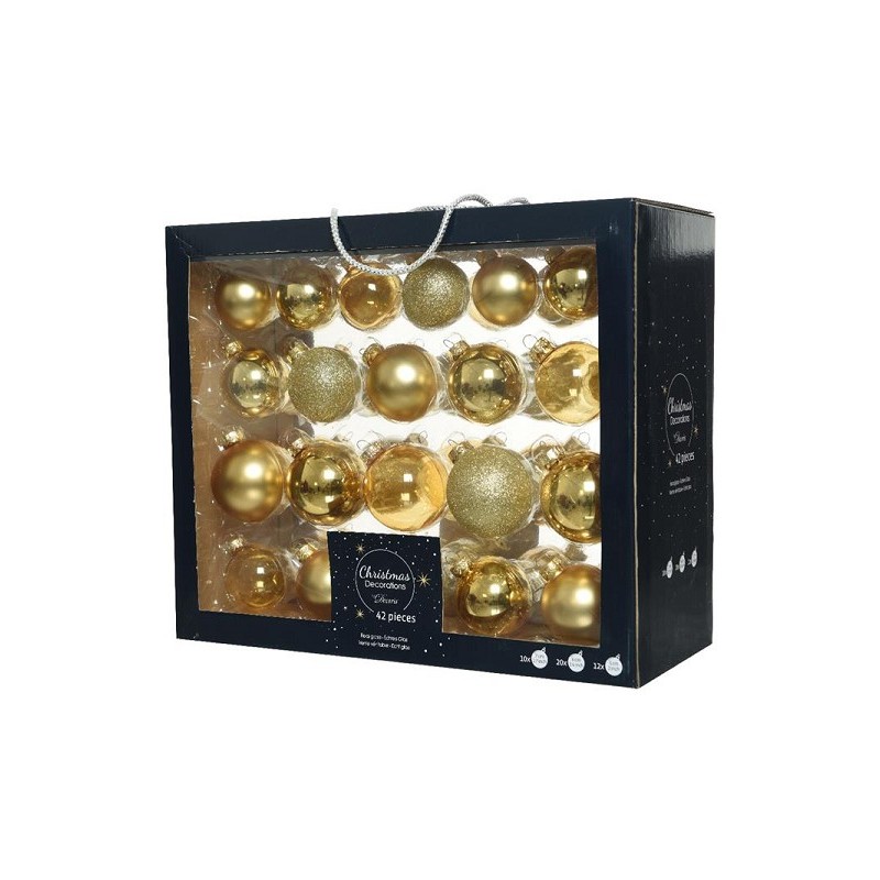 Kerstballenset van glas licht goud box a 42 stuks