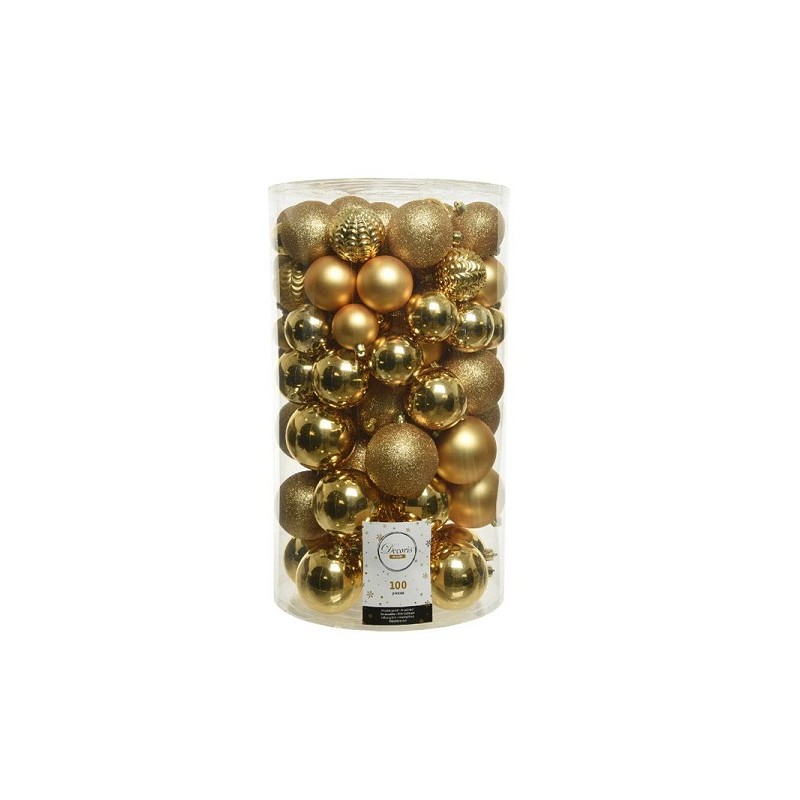 Decoris Onbreekbare Kerstballenmix van kunststof, koker van 100 stuks, Lichtgoud