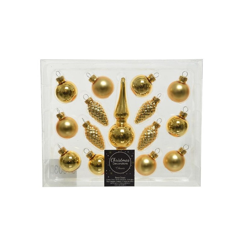 Decoris mini Kerstballen set glas met piek 3cm 15 stuks licht goud