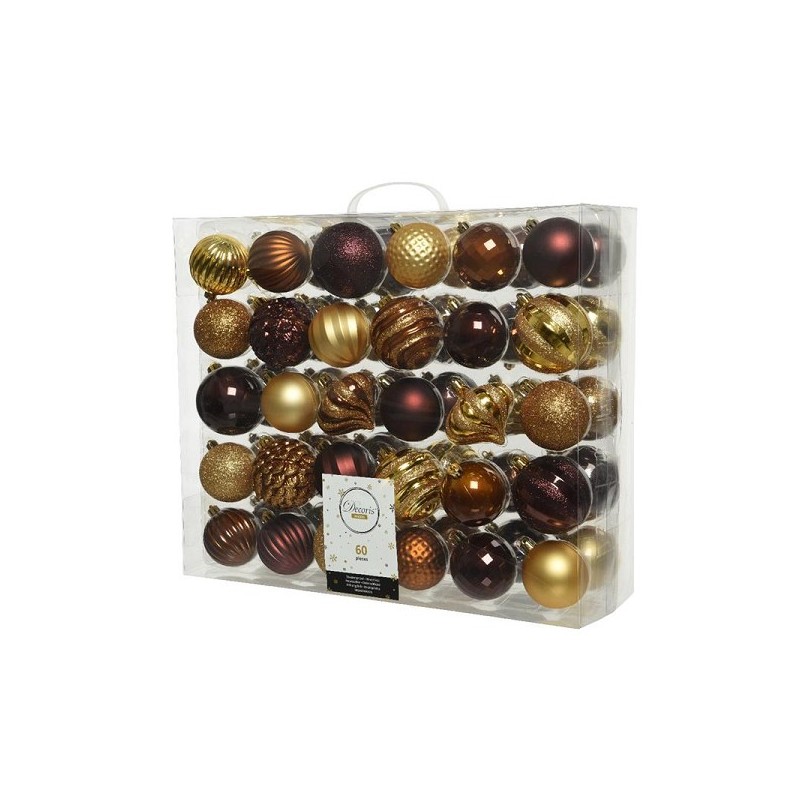 Decoris Onbreekbare kerstballenset van 60 stuks assorti licht goud, kaneel en redwood