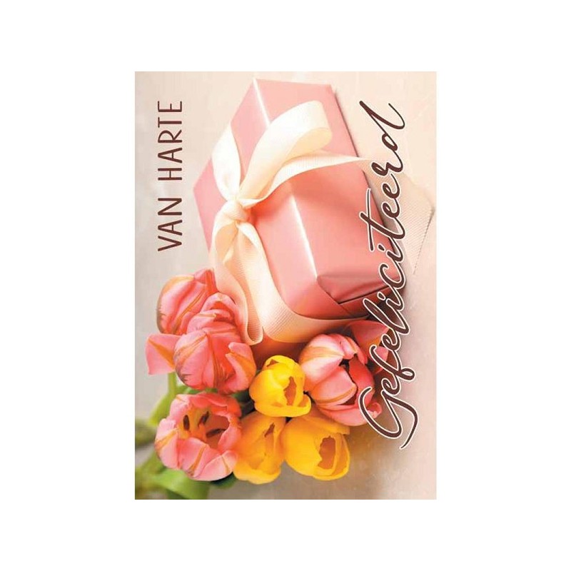 Wenskaarten Hartelijk Gefeliciteerd bloem pakje a 10 stuks met envelop