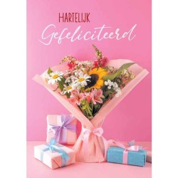 Wenskaarten van Hartelijke Gefeliciteerd bloem pakje a 10 stuks met envelop