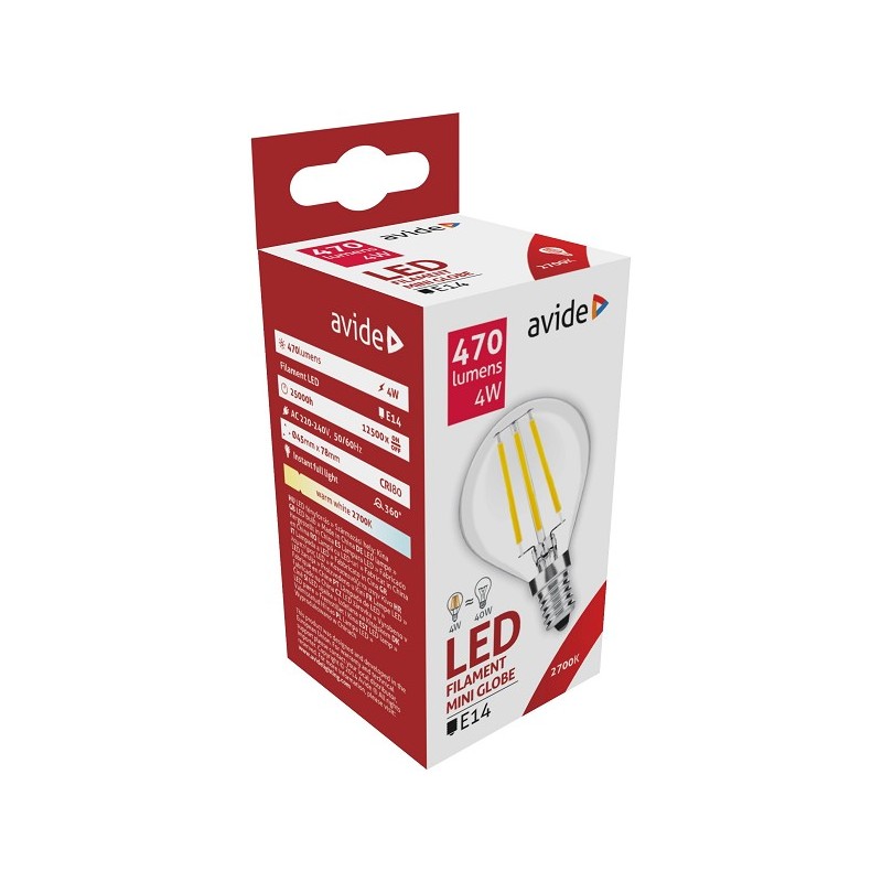 Avide Lampe LED Filament Mini Globe 4W E14 360° blanc extra chaud 2700K 470 lumen Boule