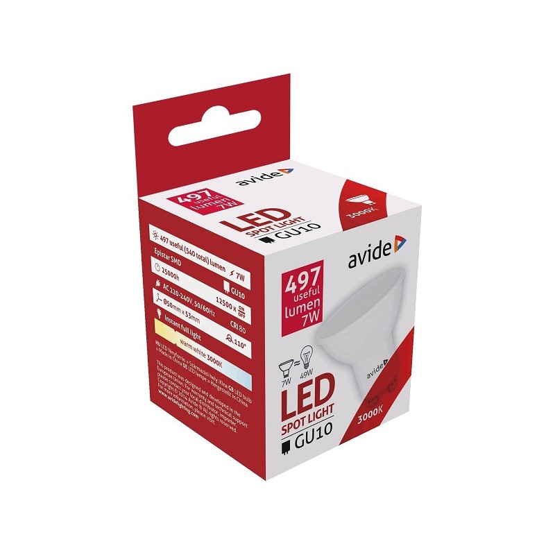 Avide Lampe Spot LED Alu+plastique 7W GU10 110° Blanc Chaud 3000K (540 lumen) ABGU10WW-7W-AP