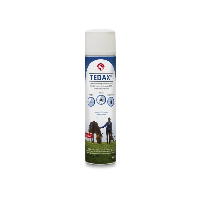 Tedax afweermiddel spray tegen insecten zoals muggen, steekvliegen, dazen en teken geschikt voor op de huid ook voor paarden en