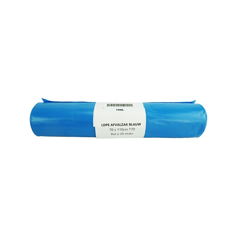 Afvalzak LDPE 120L blauw 20 stuks op rol 70x110cm
dikte 70mu