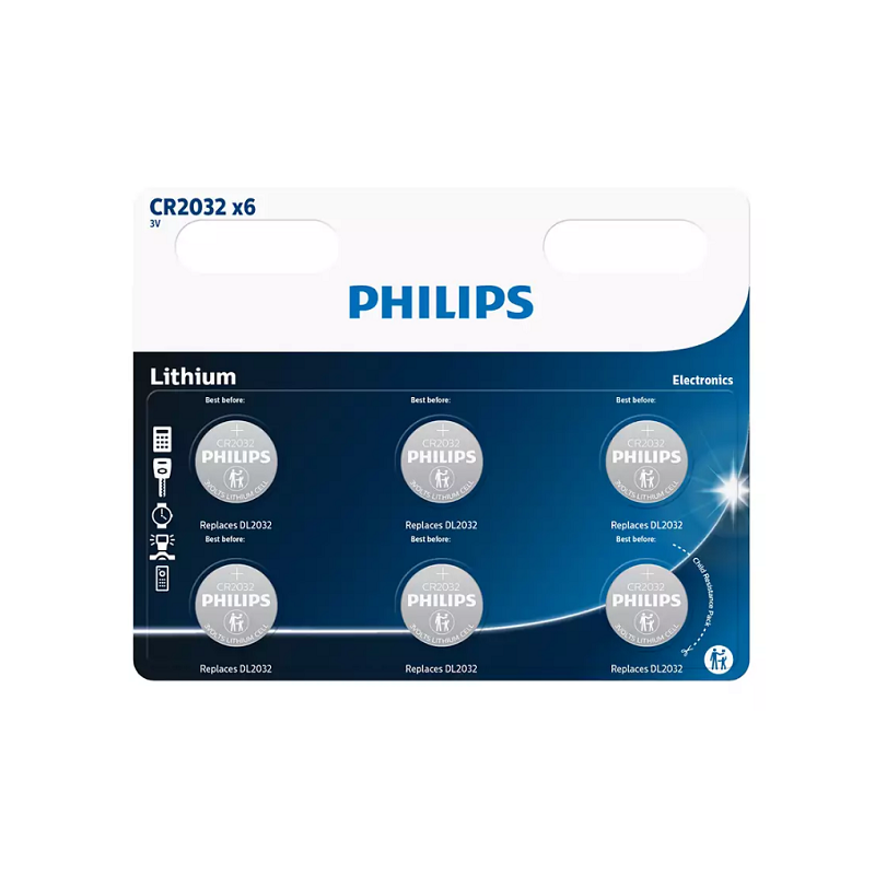 Pile Philips Lithium CR2032 3V 6 pièces sur carte