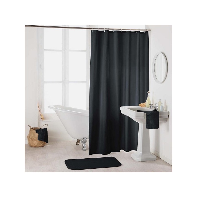 Rideau de douche Uni Textile 100% Polyester 180x200cm noir complet avec anneaux de suspension