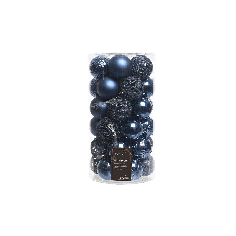 Set de boules de Noël Decoris tube Ø 6 cm a 37 pièces design assorti bleu nuit