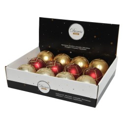 Decoris Kerstballen kunststof Ø8cm doos a 12 stuks mat finish in pearl licht goud en ossenbloed