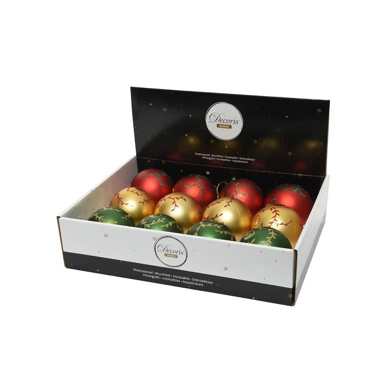 Boules de Noël Decoris en plastique Ø8cm boîte de 12 pièces finition mate or clair, rouge et vert