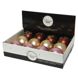 Boules de Noël Decoris plastique Ø8cm boîte de 12 pièces finition mat caramel, séquoia et rose