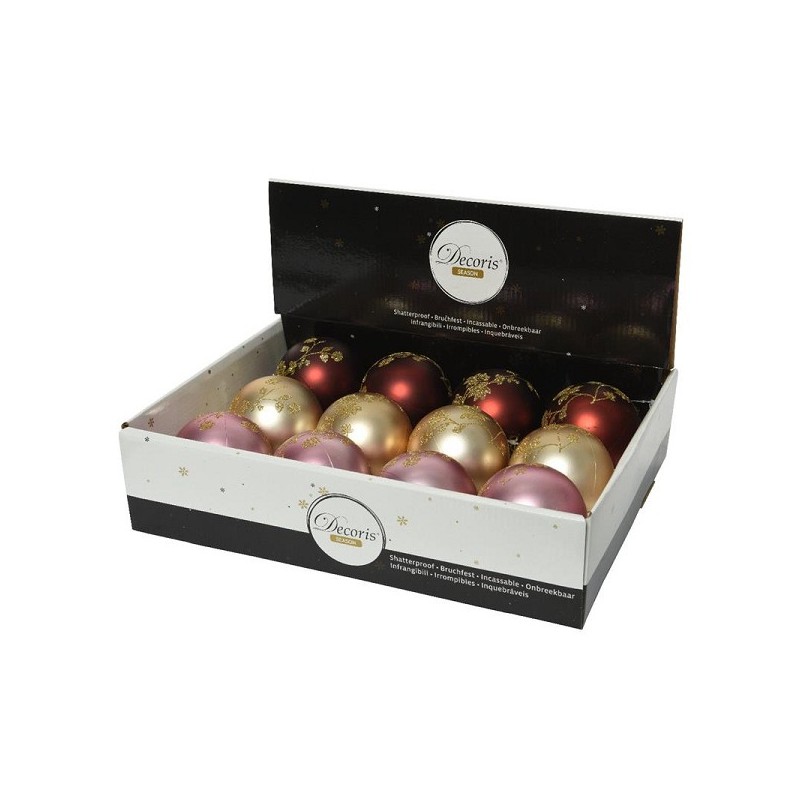 Boules de Noël Decoris plastique Ø8cm boîte de 12 pièces finition mat caramel, séquoia et rose