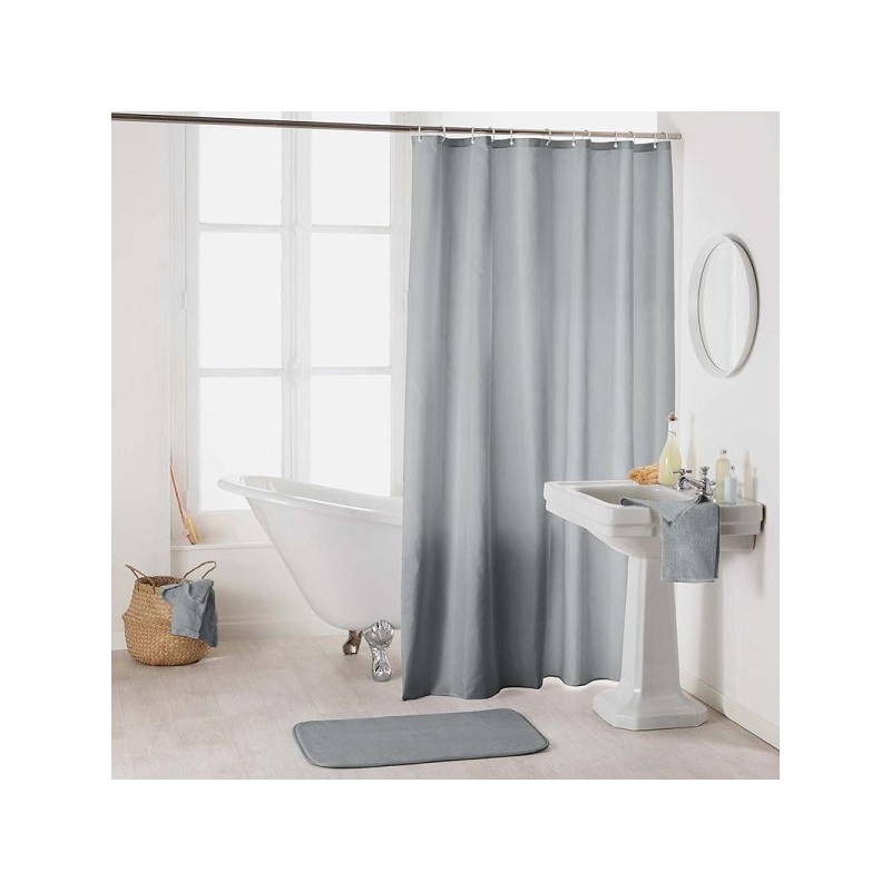 Rideau de douche Uni, Textile 100% polyester 180x200cm gris complet avec anneaux de suspension