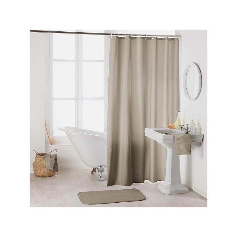 Rideau de douche Uni Textile 100% polyester 180x200cm taupe complet avec anneaux de suspension