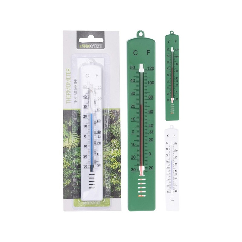 Thermometer voor binnen en Buiten -30 tot +50 grCelsius 17 cm lang wit of groen kunststof