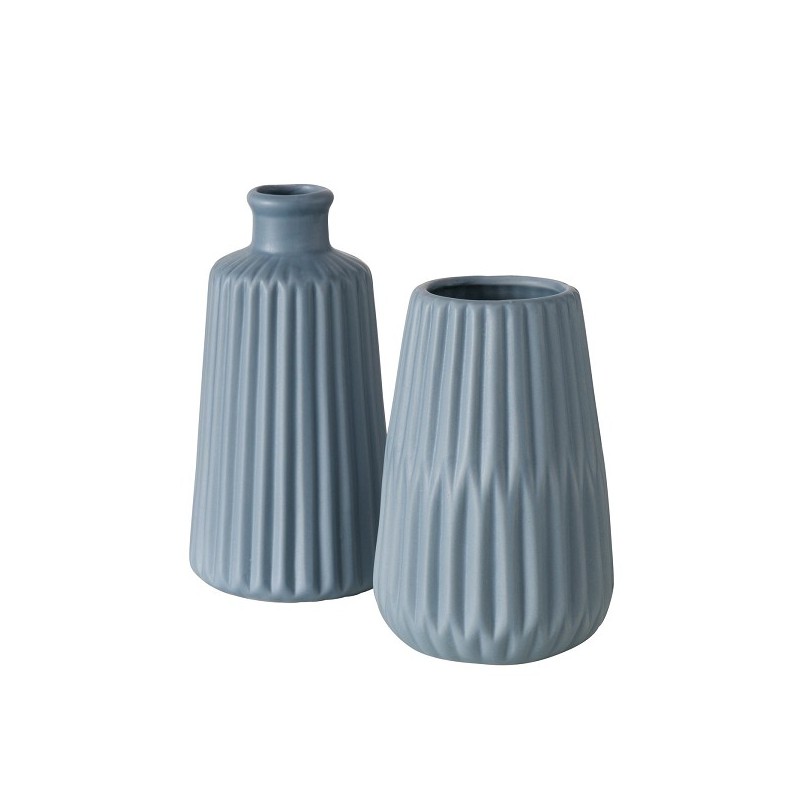 Boltze Home Vase Esko en porcelaine nervurée H18cm Dia 9cm Bleu clair en 2 versions différentes