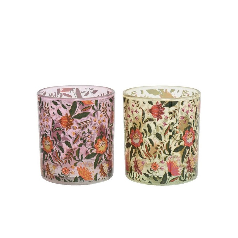 Decoris Theelichthouder glas met bloemendessin dia8-H9cm
