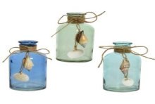 Decoris Vaas glas dia6.6-H13cm-verkrijgbaar in blauw of groen-met touw en schelphanger