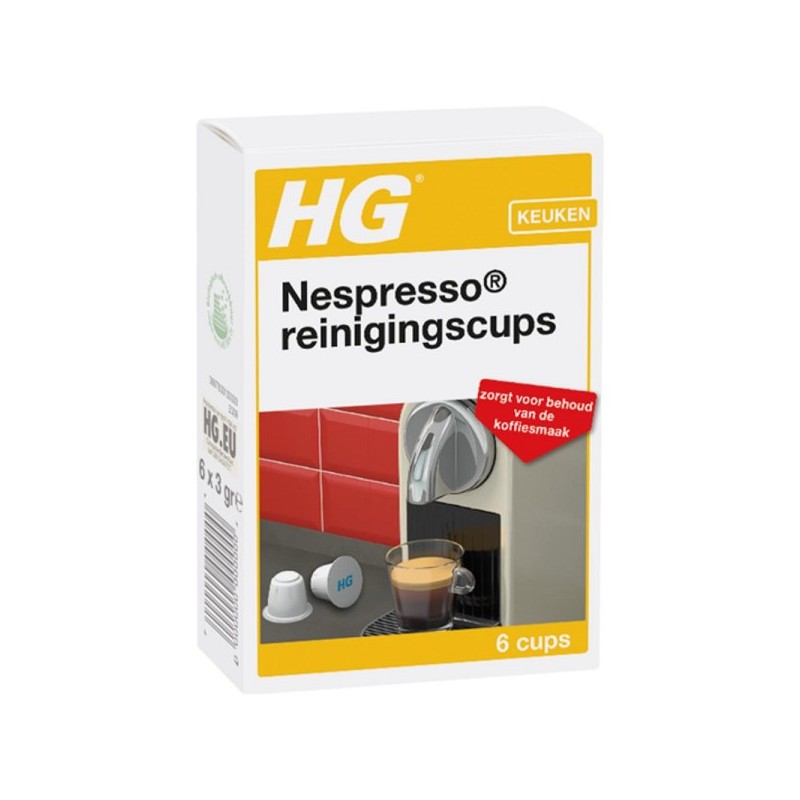 HG Nespresso® reinigingscups 6 stuks in doosje, biologisch afbreekbaar.