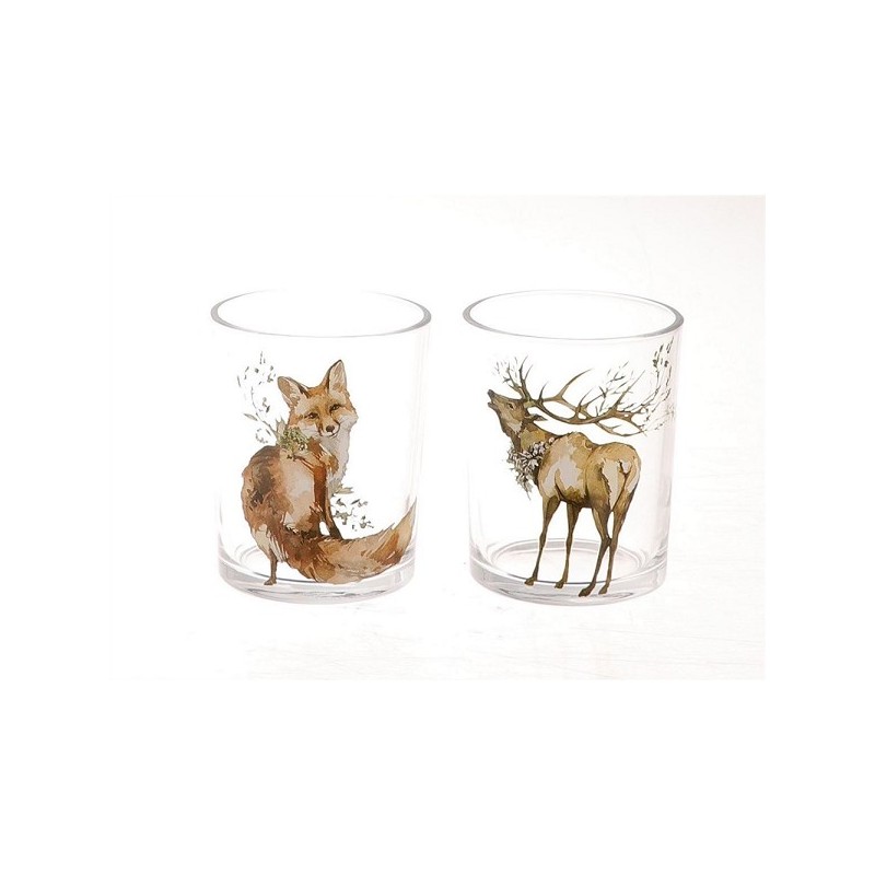 HBX natural living Theelichthoudertransparantmet afbeeldingvan hert of vos Ø7xh8cm