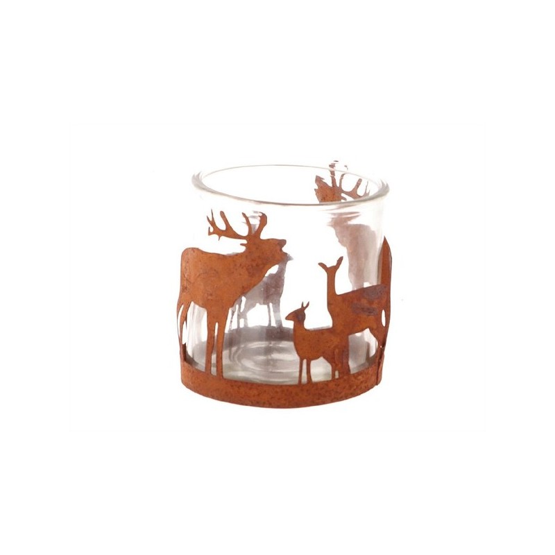 HBX natural living Theelichthouder Forest deer met herten metaal met glas Ø8xh8cm roest