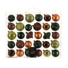 Boules de Noël Decoris en plastique en boîte de 30 pièces| dans les couleurs marron-vert-cuivre| de différentes tailles et forme