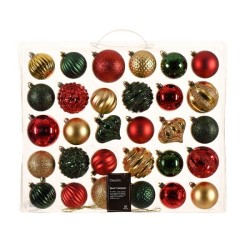 Decoris Kerstballen kunststof in box a 30 stuks| in de kleuren bruin-groen-koper| in verschillende maten en vormen.