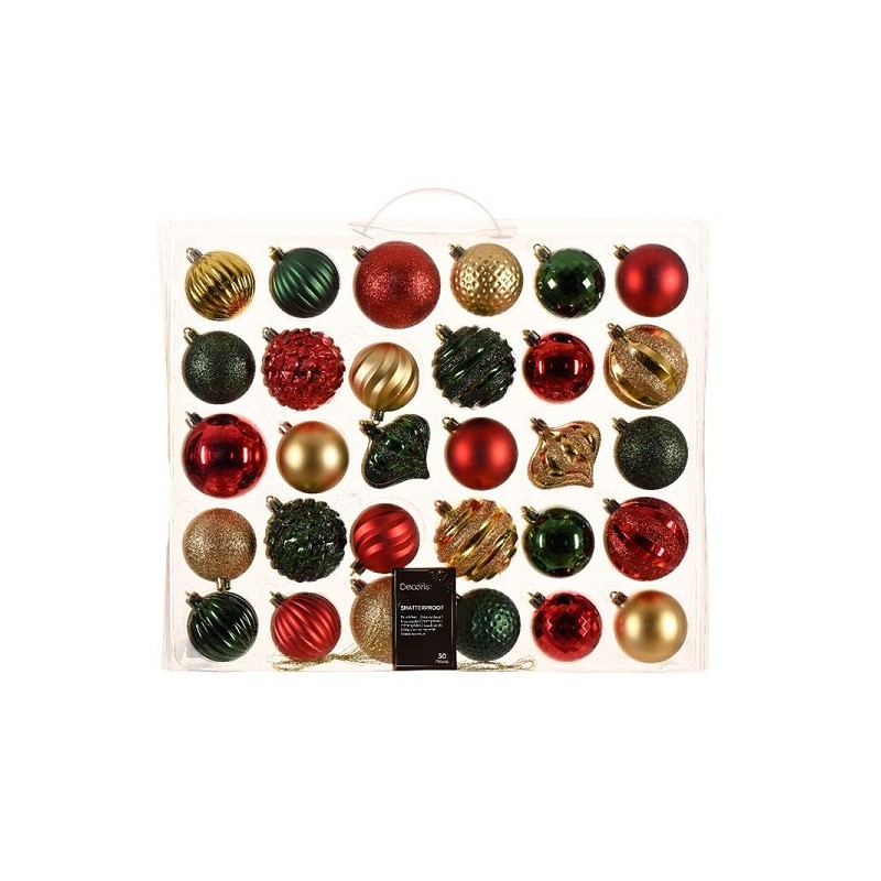 Decoris Kerstballen kunststof in box a 30 stuks| in de kleuren rood-groen-goud in verschillende maten en vormen.