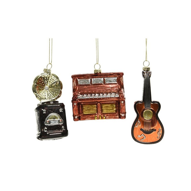 Decoris Kersthanger kunststof muziekinstrument | guitaar-piano-fonograaf | Metallic kleuren