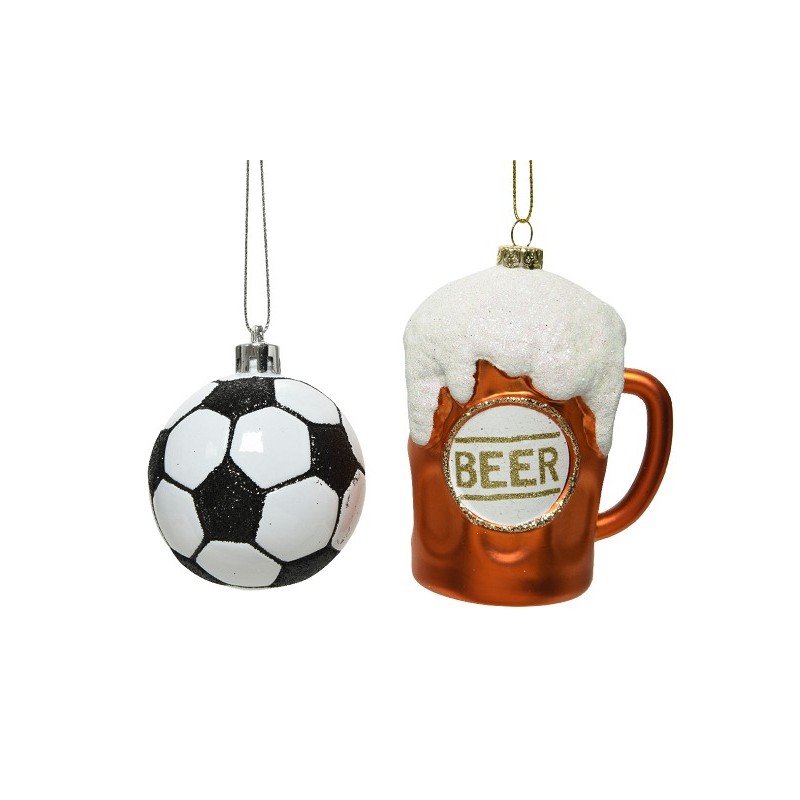 Decoris Pendentif de Noël en plastique | football ou tasse de bière | L6,4x L7,3 x H9,6 cm