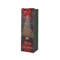 Decoris Cadeautas fles Merry Christmas schotse ruit L10cm x B12cm xH36cm gemaakt van hoogwaardig papier FSC 100%