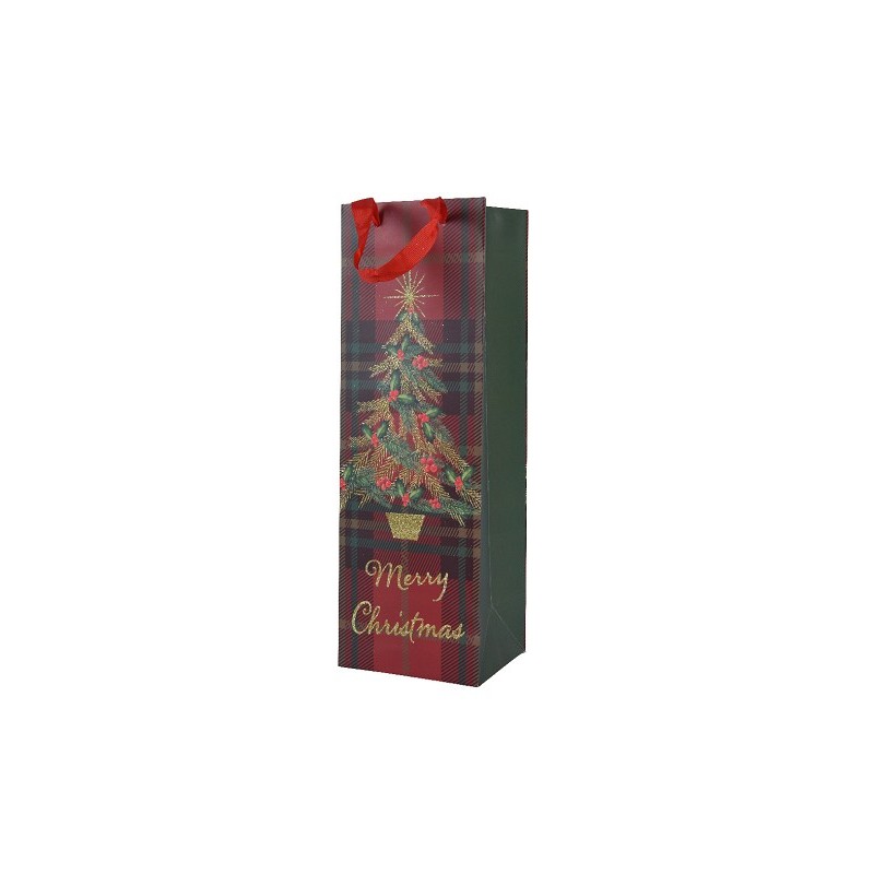 Decoris Cadeautas fles Merry Christmas schotse ruit L10cm x B12cm xH36cm gemaakt van hoogwaardig papier FSC 100%