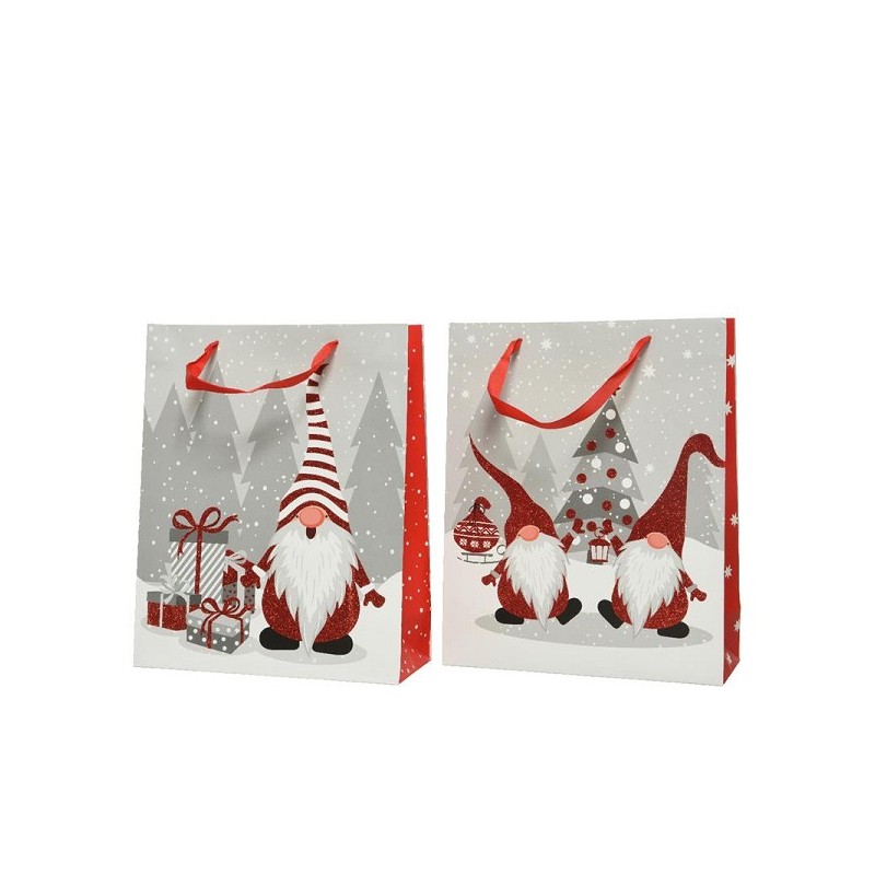 Sac cadeau de Noël Decoris avec image Gnome avec chapeau rouge à paillettes L8 x L18 x H24 cm en papier de haute qualité FSC 100