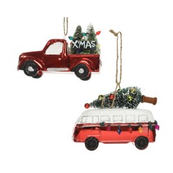 Decoris Kersthanger kunststof Truck of Vwbusje rood met kerstboom- L4,7cm B12cm H9cm