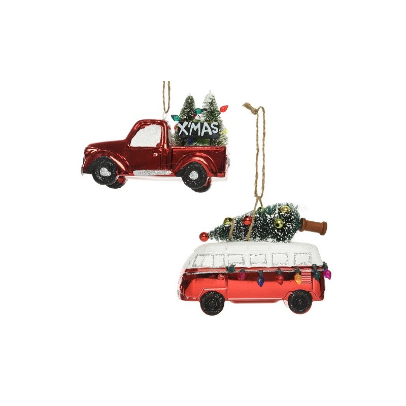 Decoris Kersthanger kunststof Truck of Vwbusje rood met kerstboom- L4,7cm B12cm H9cm