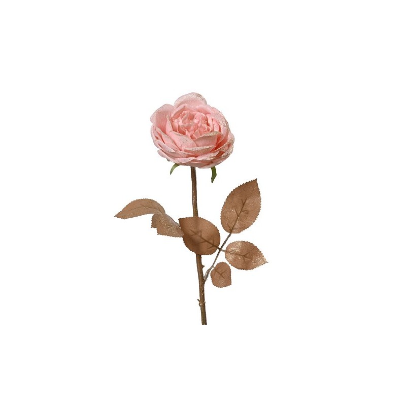 Decoris Rose polyester sur tige - à paillettes rose H57cm