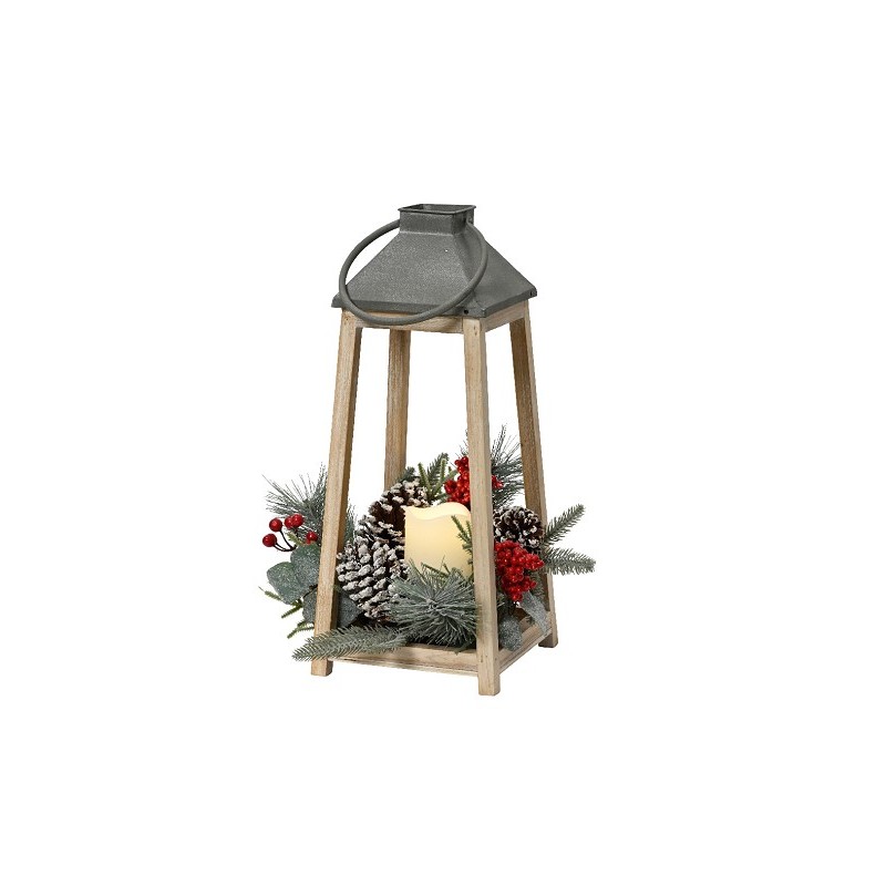 Lanterne LED Lumineo en bois d'épicéa avec bougie en cire et pièce de Noël - H36cm L15,5cm