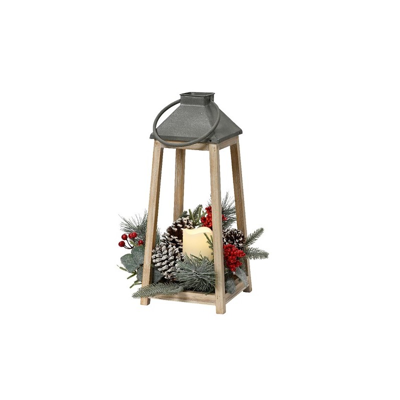 Lumineo LED lantaarn vurenhout met wax kaars en kerststukje- H36cm B15,5cm