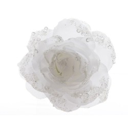 Decoris Rose sur clip polyester pailleté Blanc