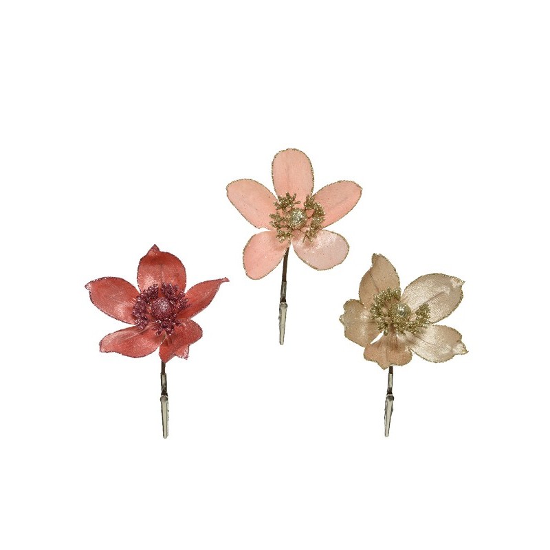 Decoris Bloem met glitters op clip Dia 12 cm verkrijgbaar in Licht Roze, Rood of Wit