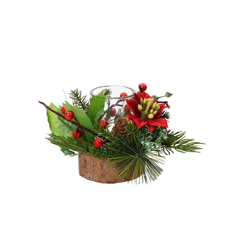 Decoris Theelichthouder glas in houten standaard met kerststukje groen/rood  H14 cm