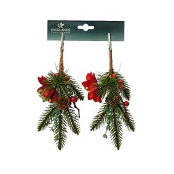 Decoris Brindille de Noël verte avec décoration rouge - sur clip 2 pièces