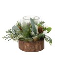 Decoris Theelichthouder glas in houten standaard met kerststukje groen/wit H14 cm